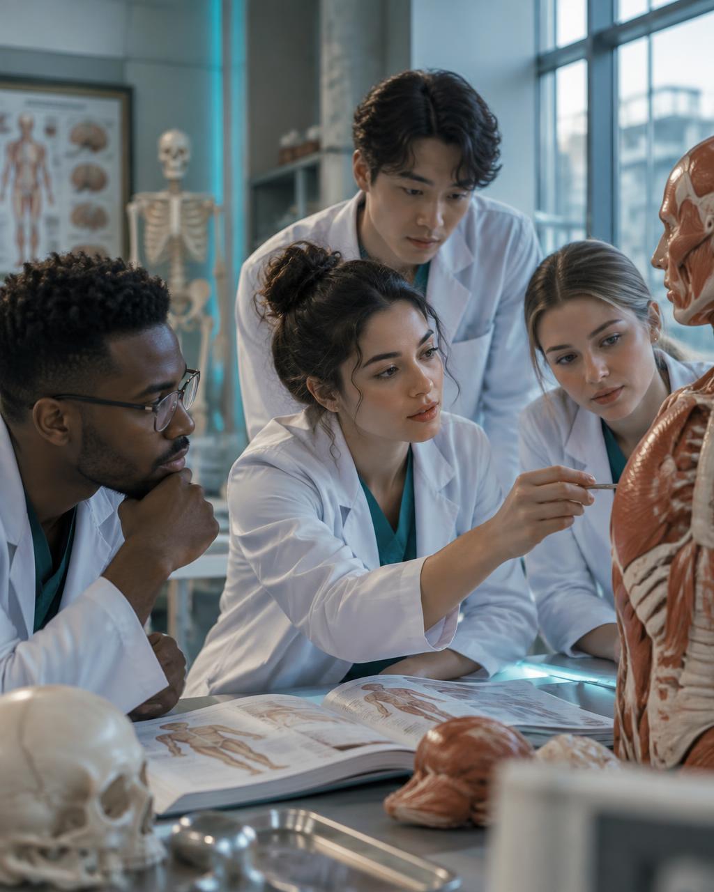 International medical students in anatomy class